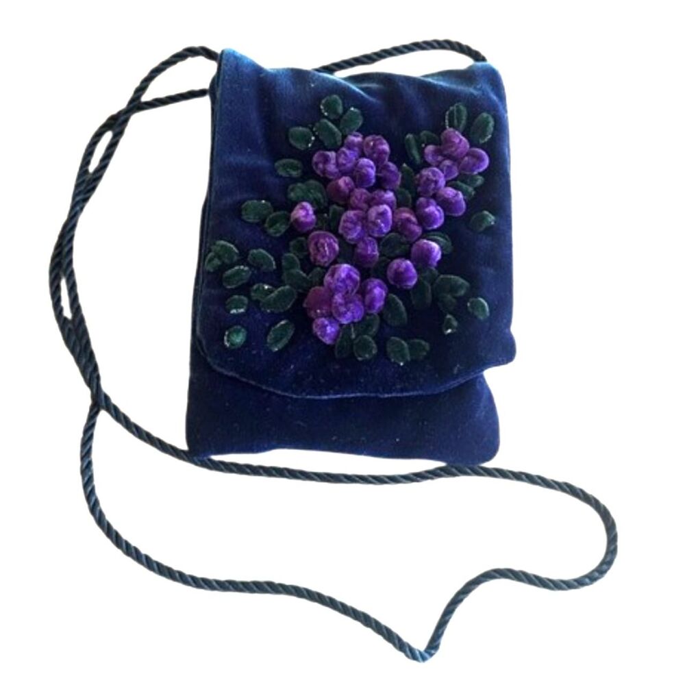 VTG Purple Velvet Micro Crossbody Bag 3D Floral Embroidery Boho Evening Pouch